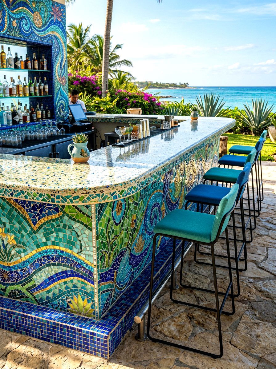 Colorful Mosaic Bar - 30 poolside bar ideas