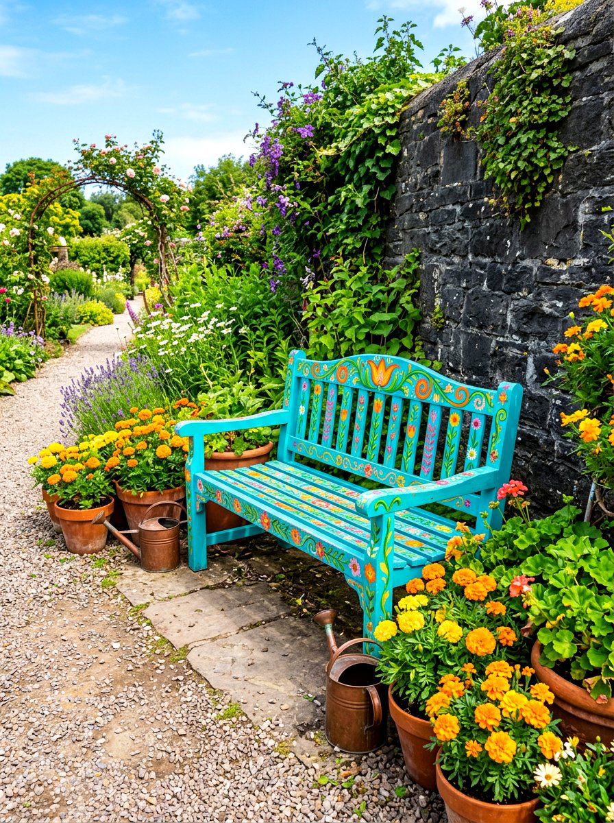 Colorful Painted Bench - 30 garden reading bench ideas