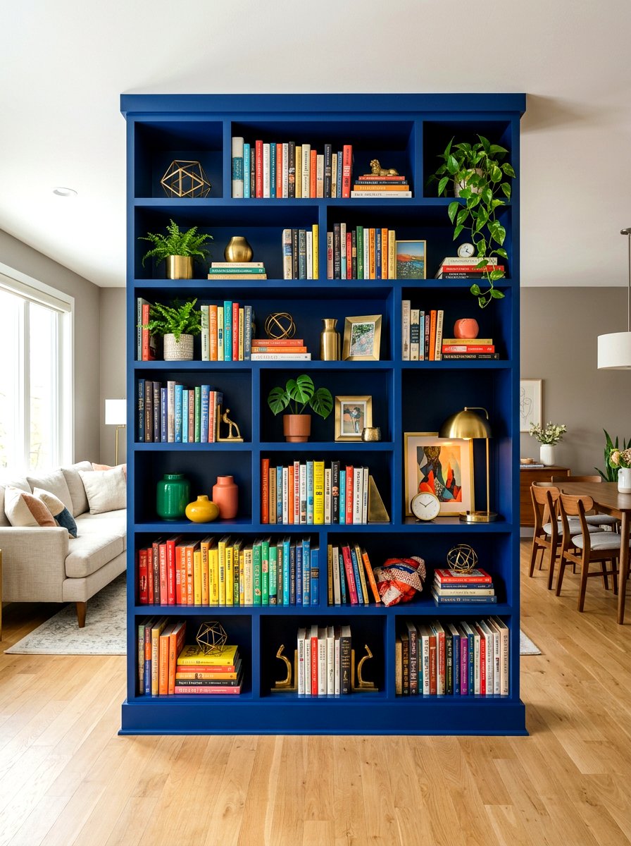 Colorful Painted Bookshelf Partition - 30 bookshelf divider apartment ideas