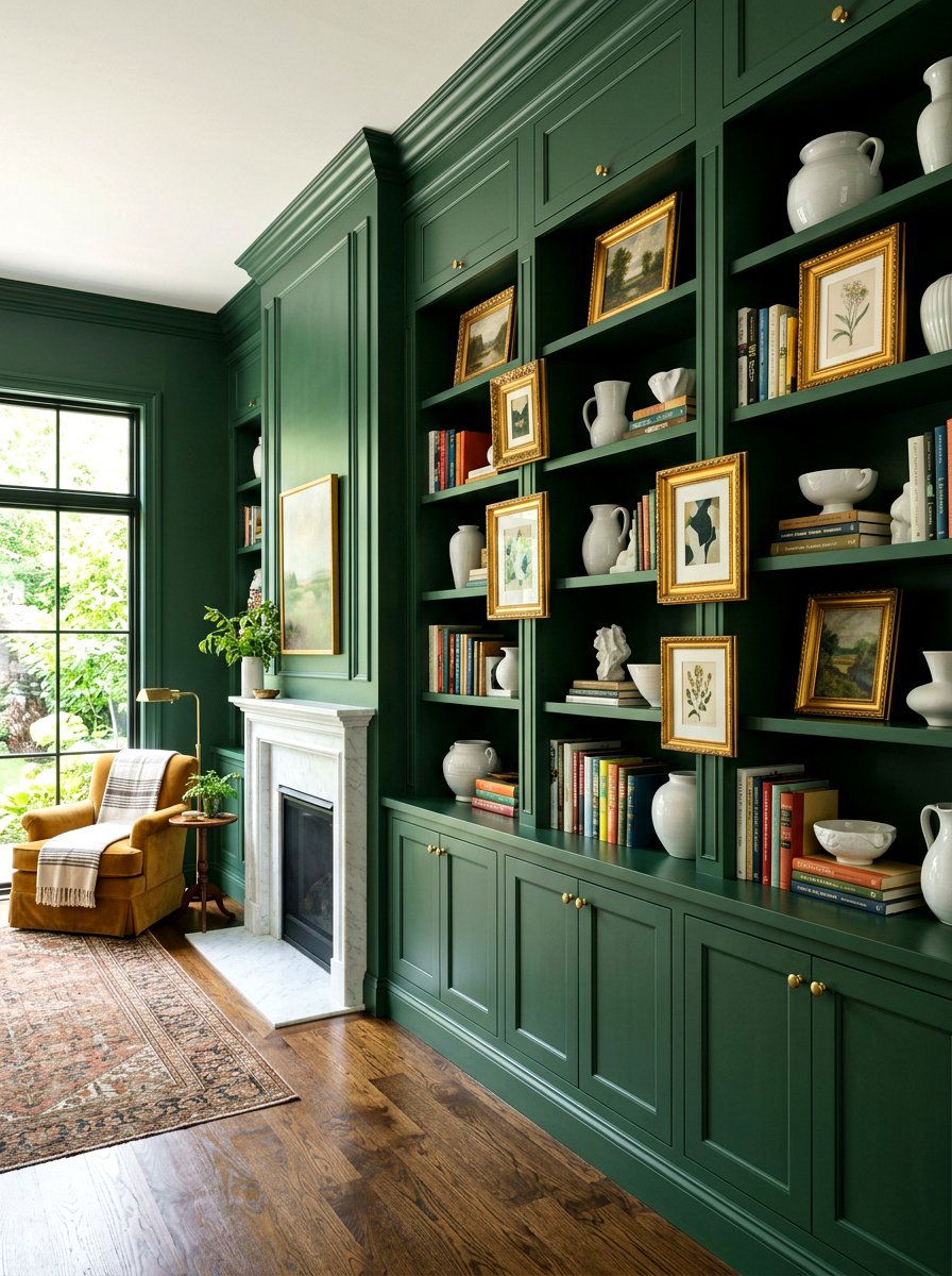 Colorful Painted Built ins - 30 office backdrop shelf ideas