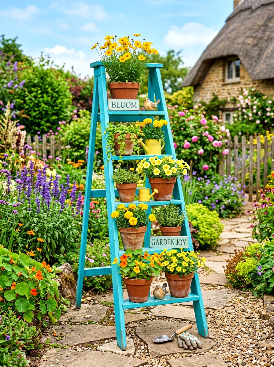Colorful Painted Garden Ladder - 30 ladder planter ideas