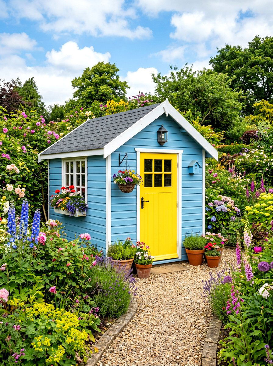 Colorful Painted Garden Shed - 30 potting shed decor ideas