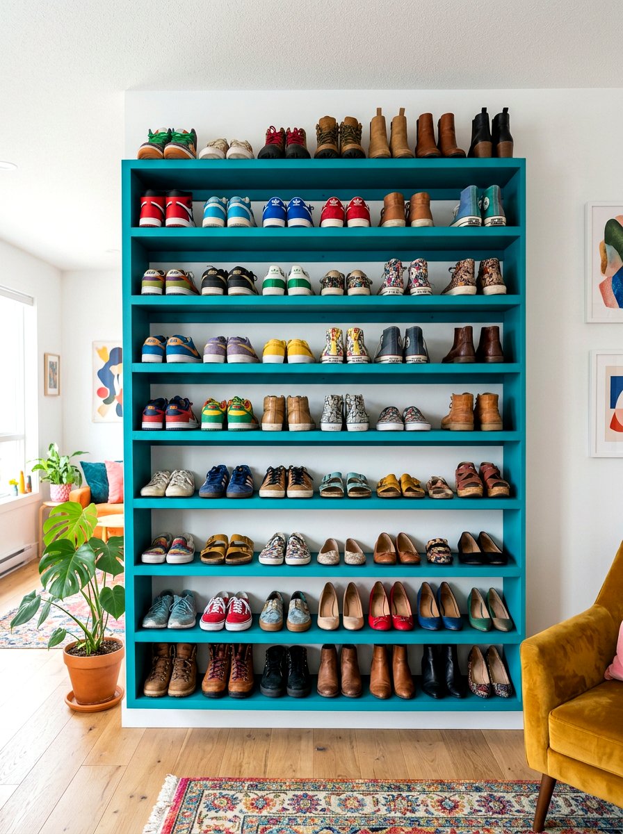 Colorful Painted Shoe Shelves - 30 apartment shoe wall ideas