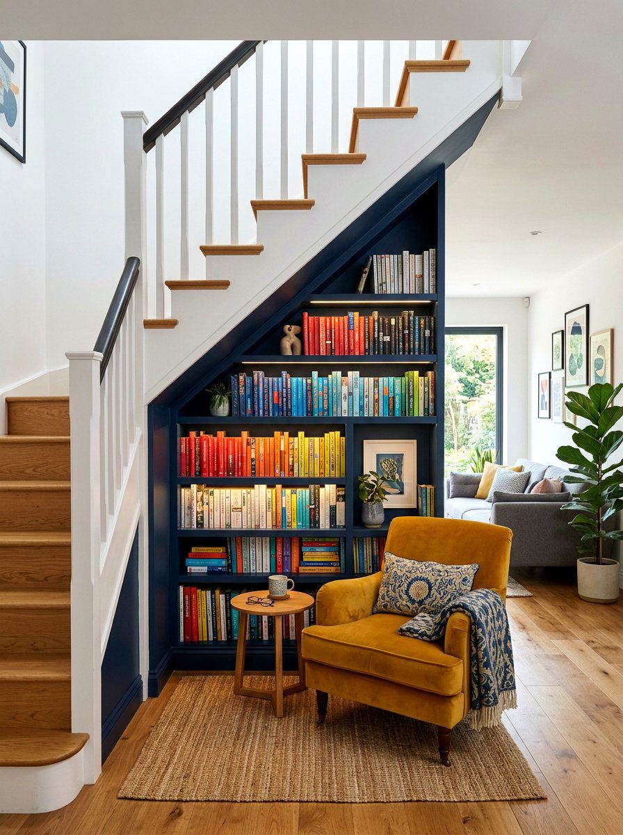 Colorful Painted Under Staircase Bookshelf Nook - 30 under staircase bookshelf ideas