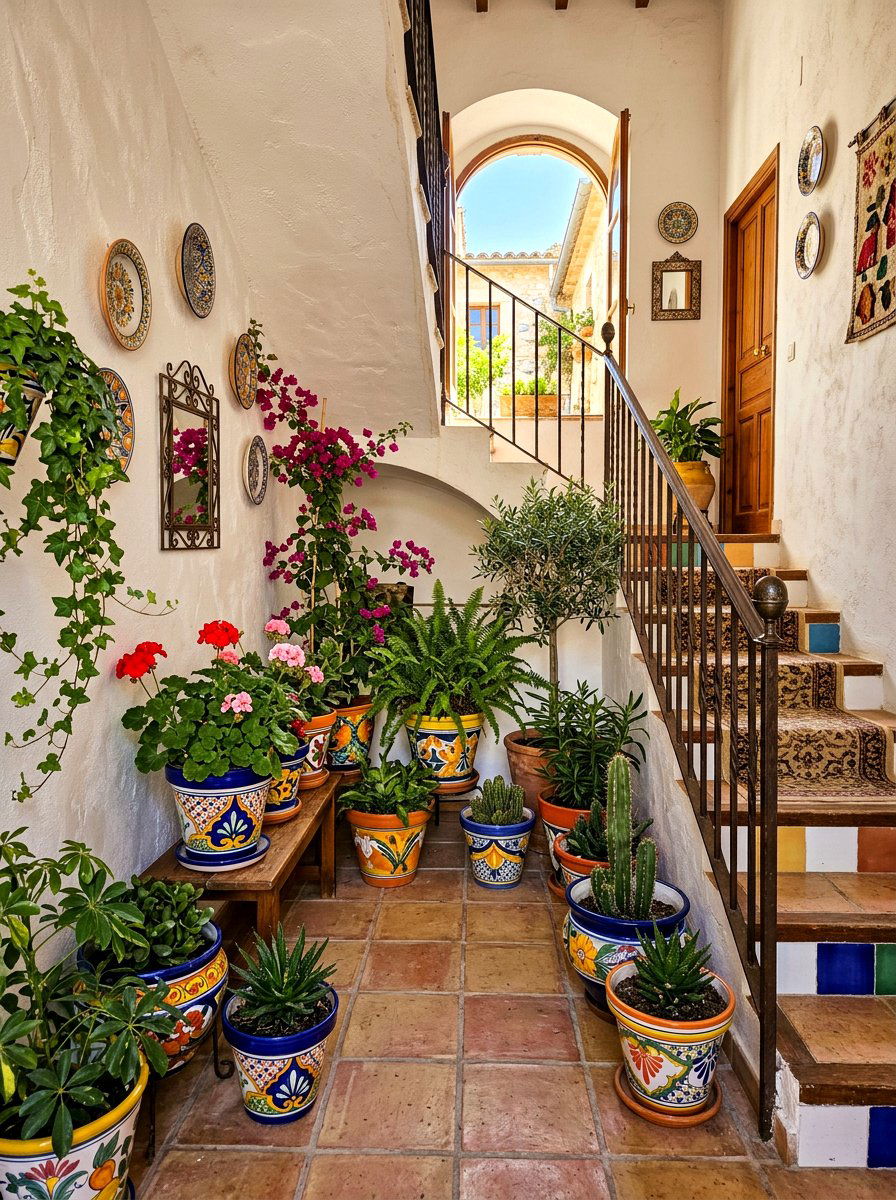 Colorful Patterned Pots - 30 staircase plant corner ideas