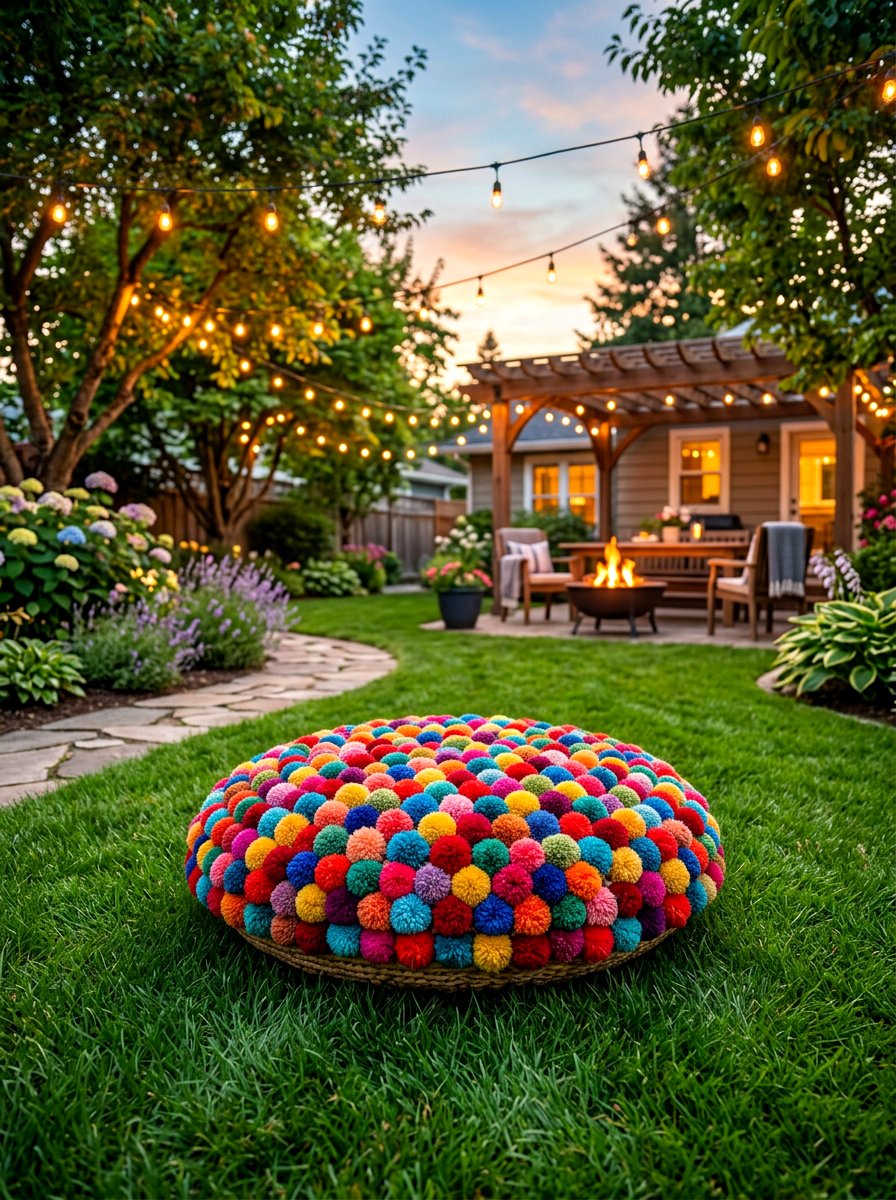 Colorful Pom Pom Floor Pillow - 30 outdoor pouf ideas