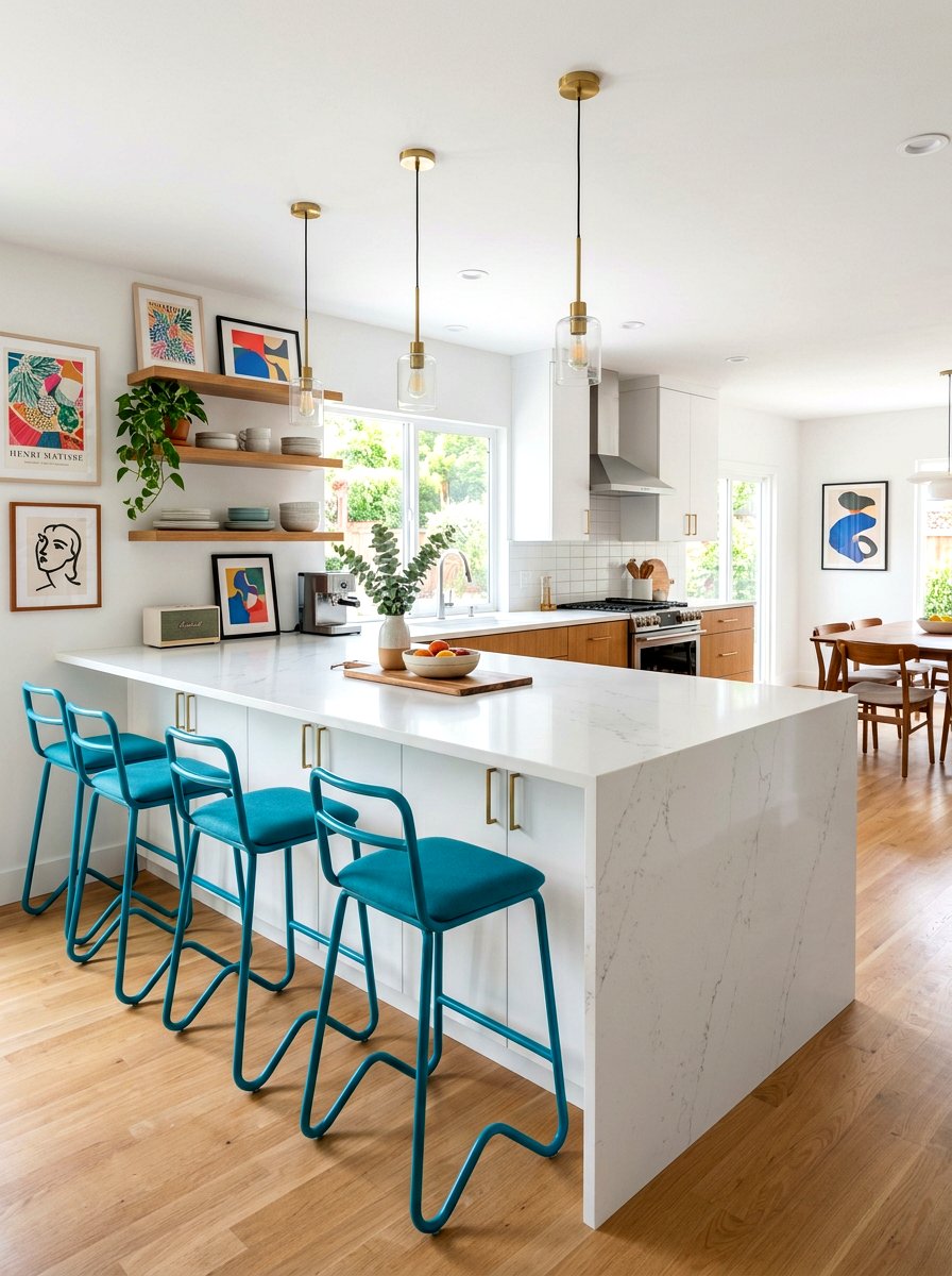 Colorful Pop Waterfall Island Seating - 30 waterfall island seating ideas