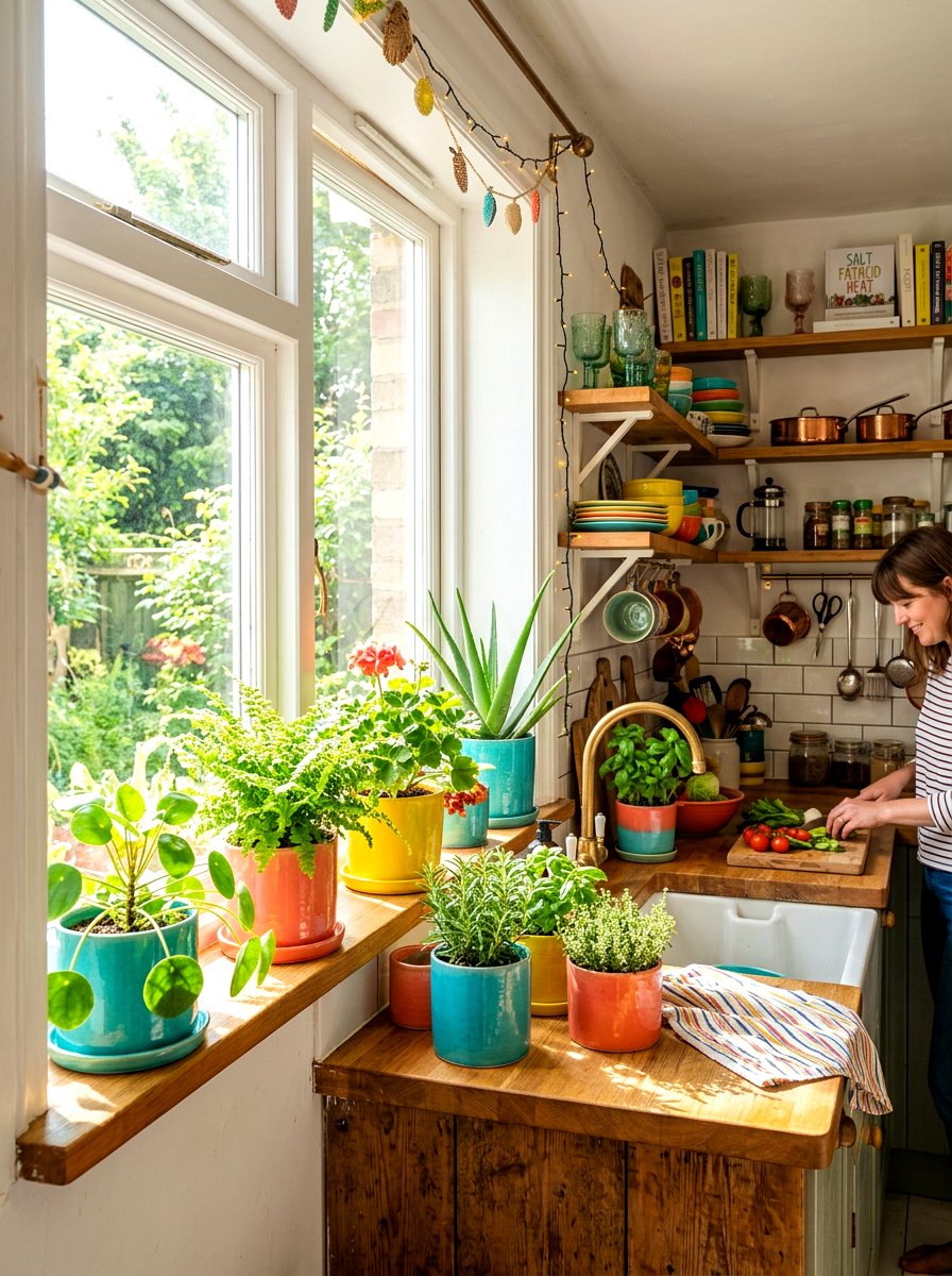 Colorful Pot Kitchen Ledge - 30 kitchen plant ledge ideas