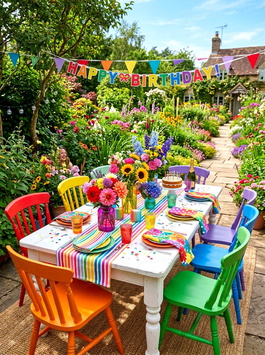 Colorful Rainbow Garden Table - 30 garden party tablescape ideas