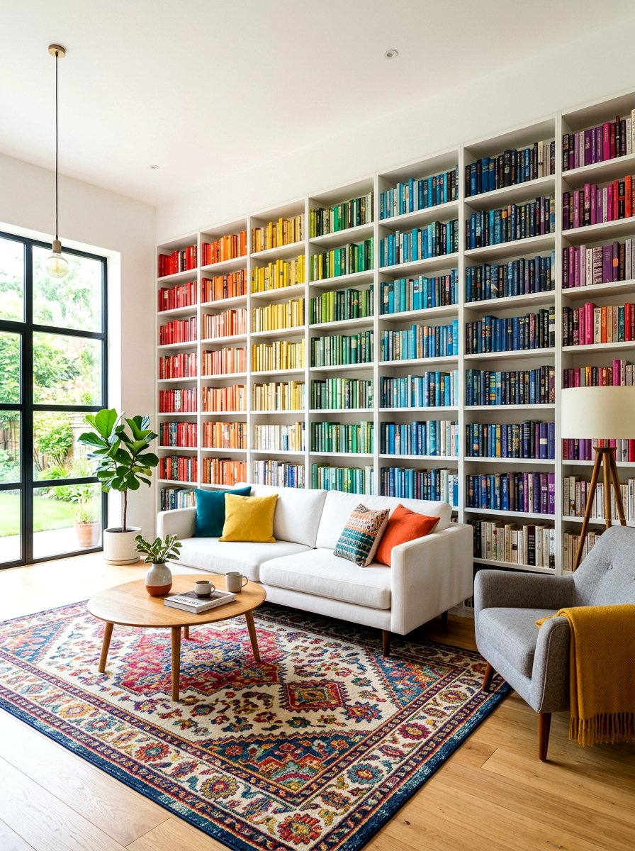 Colorful Rainbow Organized Book Wall - 30 book wall living room ideas