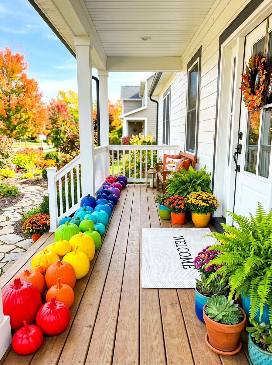 Colorful Rainbow Pumpkin Porch - 30 Halloween porch ideas