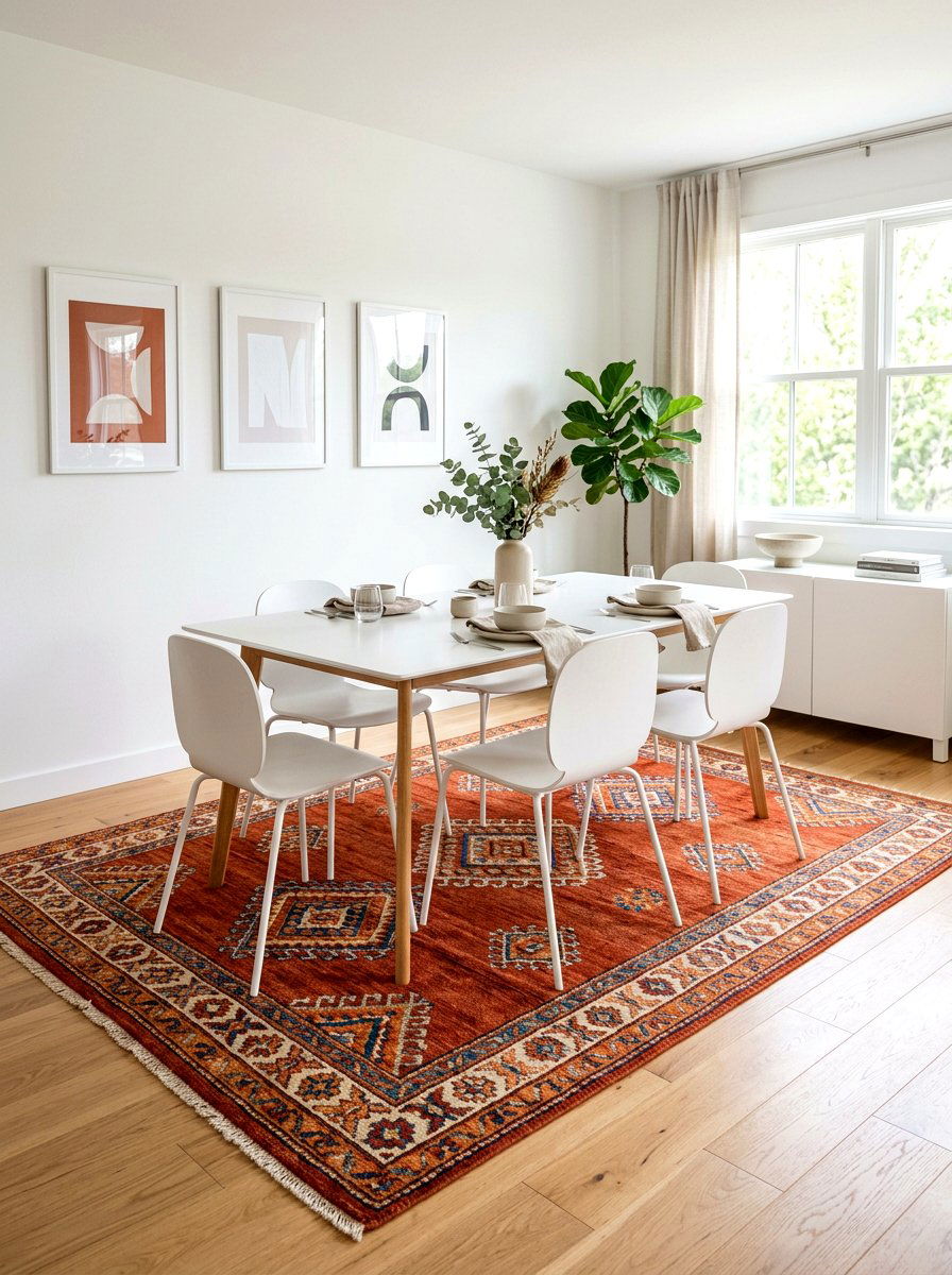 Colorful Rug In Minimalist Dining Room - 30 dining room rug placement ideas