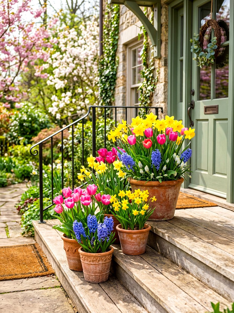 Colorful Spring Bulb Containers - 30 porch planter arrangement ideas