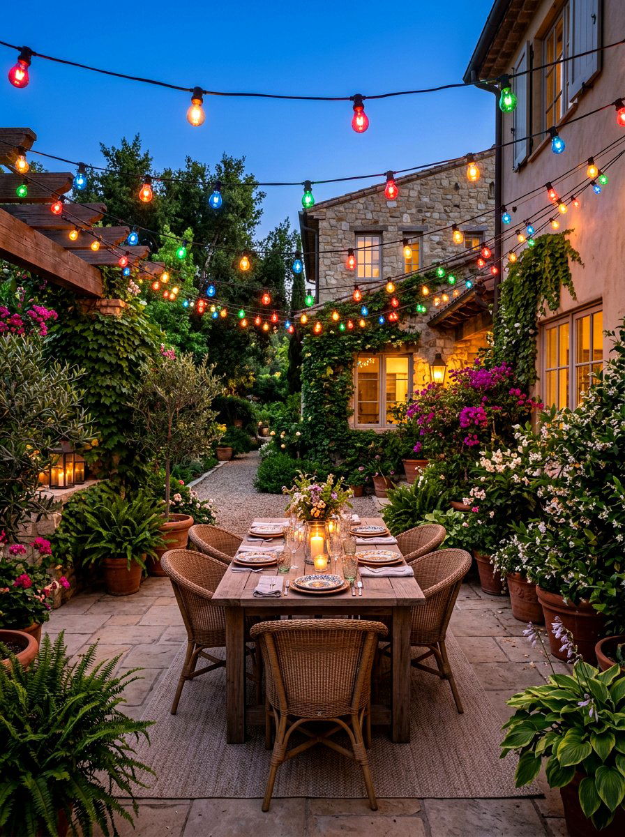 Colorful String Lights - 30 colorful garden decor ideas