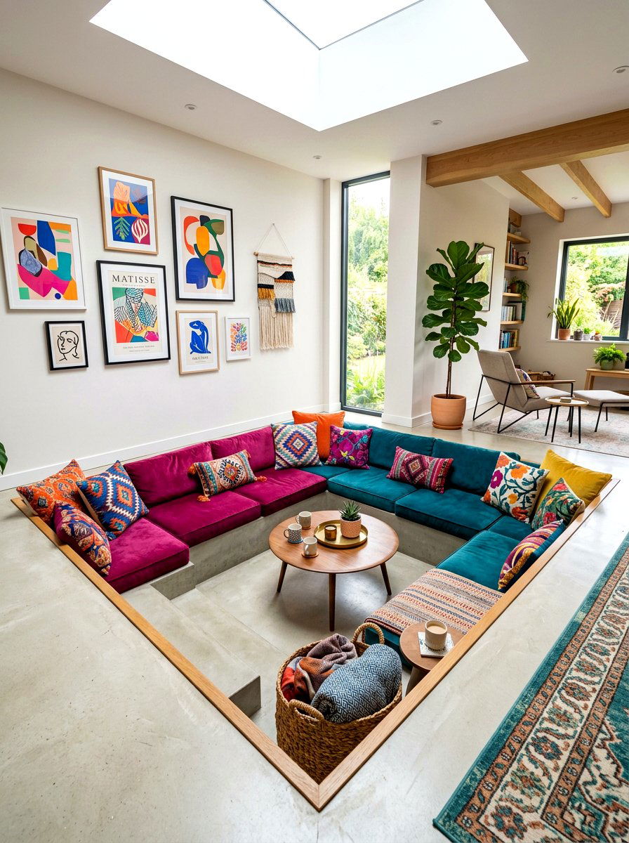 Colorful Sunken Seating Pit - 30 step down living room ideas
