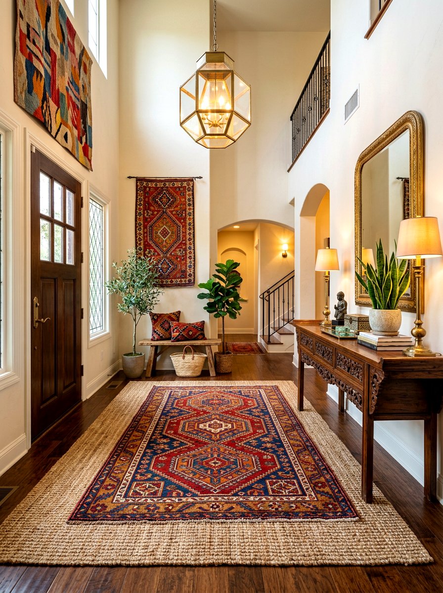 Colorful Turkish Rug Over Sisal Base - 30 entrance rug layering ideas