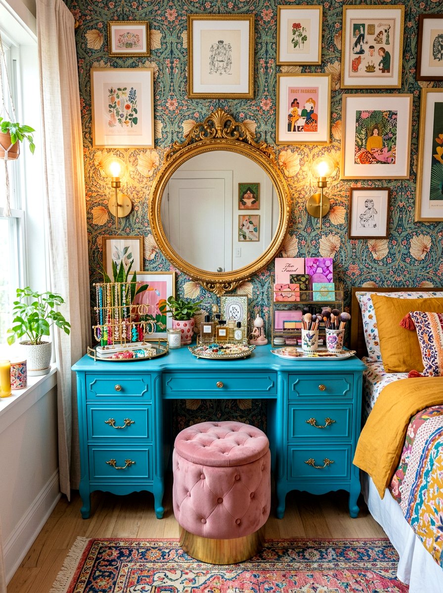 Colorful Vanity Setup - 30 dopamine bedroom ideas