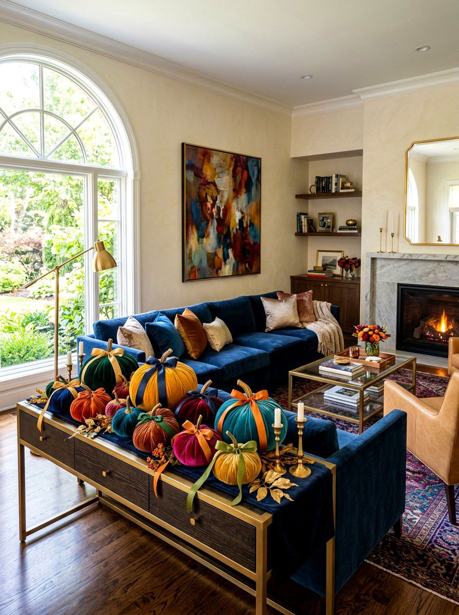 Colorful Velvet Pumpkin Display - 30 fall mantel styling ideas