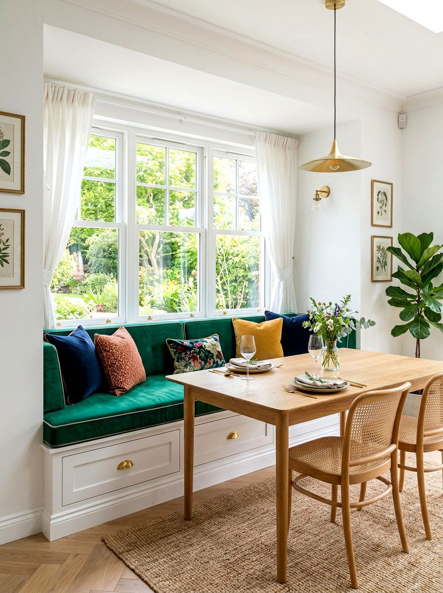 Colorful Velvet Window Banquette - 30 banquette window nook ideas