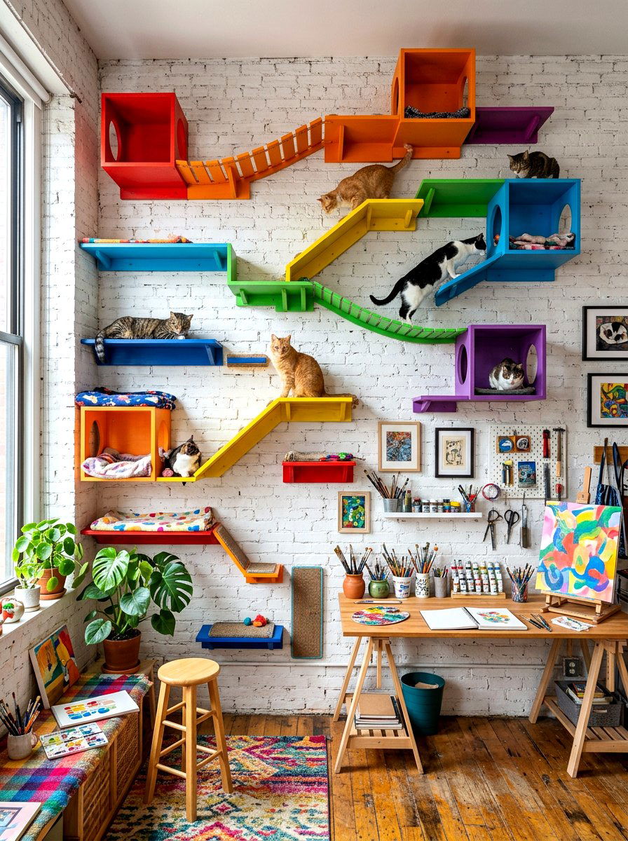 Colorful Vibrant Cat Shelf Wall - 30 cat shelf wall ideas
