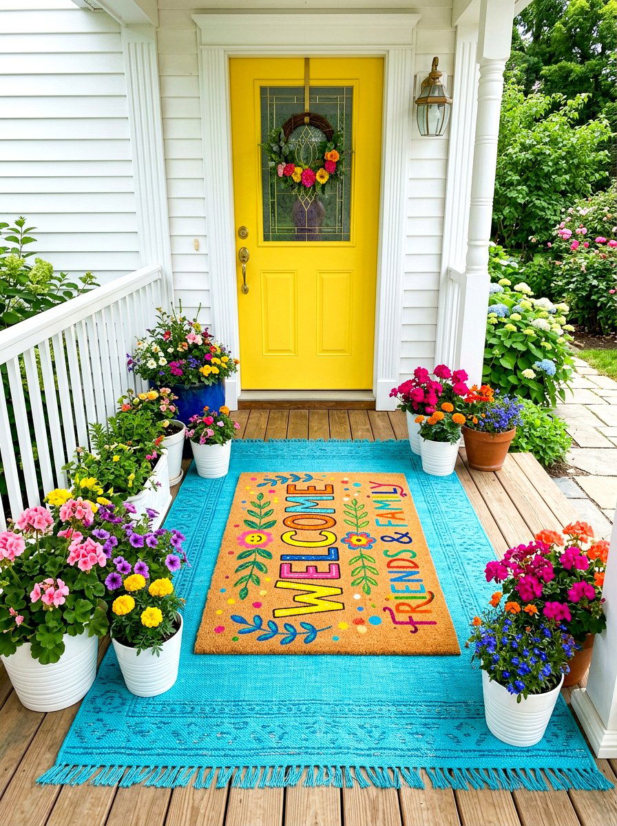 Colorful Welcome Mat Layering - 30 layered doormat porch ideas
