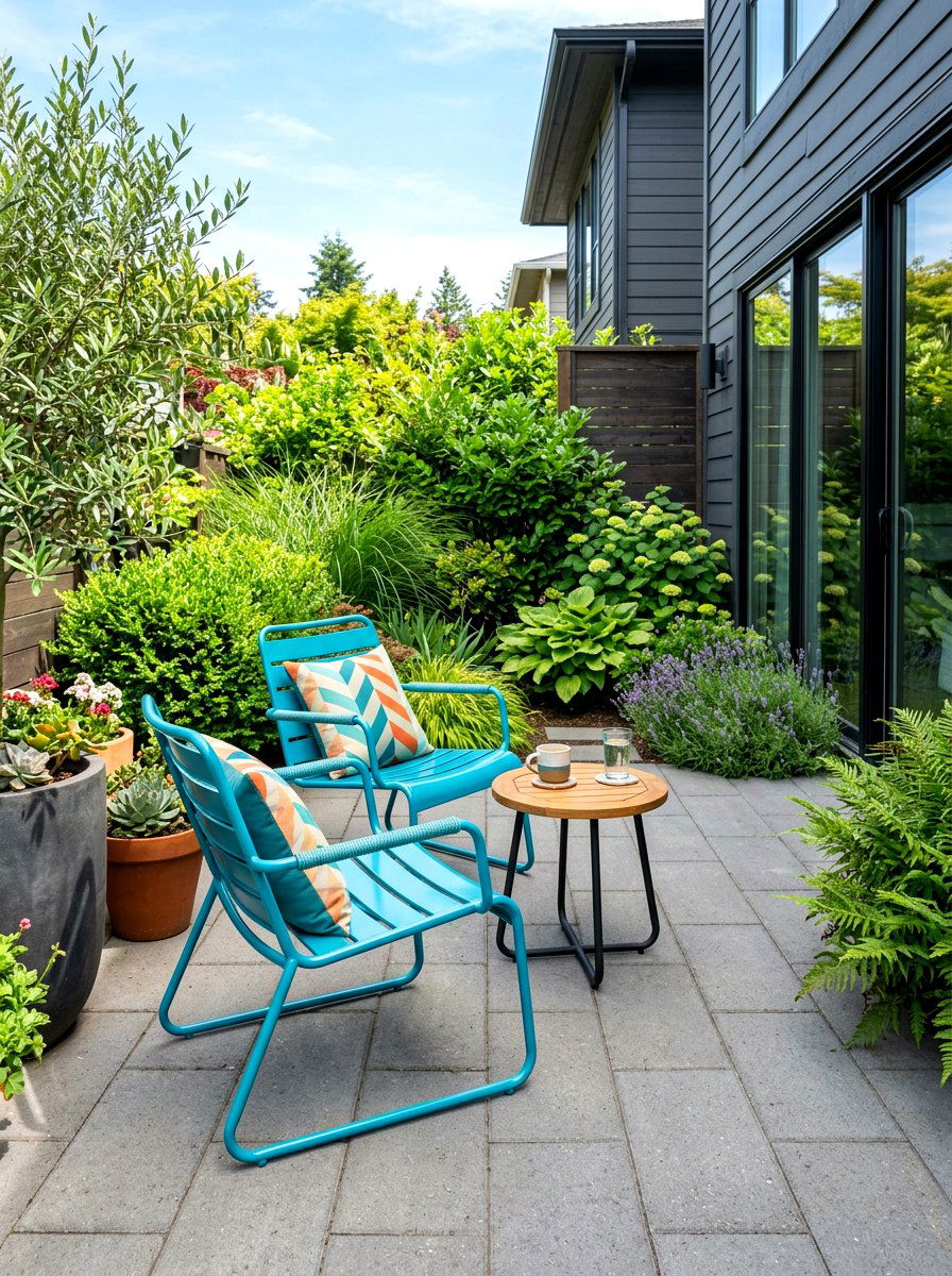 Colorful accent chair patio - 30 small courtyard seating ideas