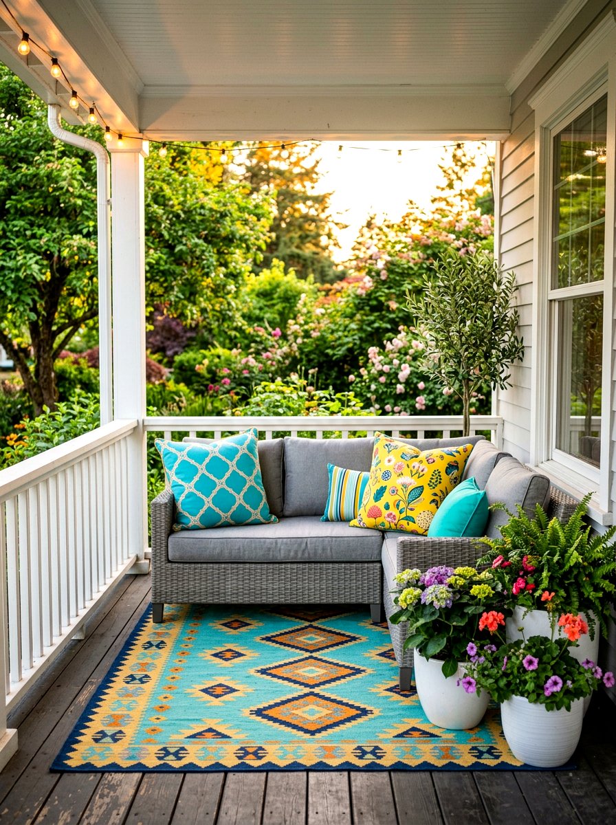 Colorful accent pillows - 30 cozy evening porch ideas