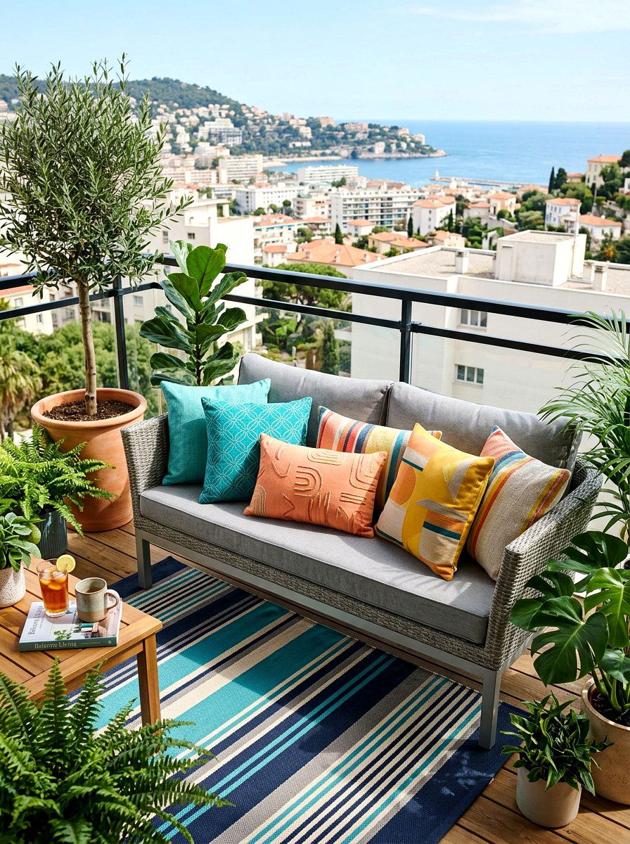 Colorful accent pillows - 30 apartment deck ideas