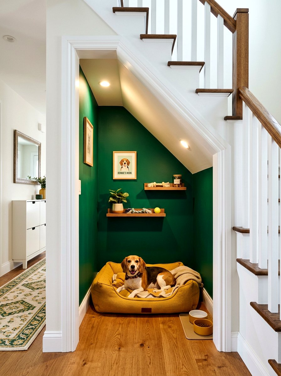 Colorful accent wall pet nook - 30 under stairs pet room ideas aesthetic