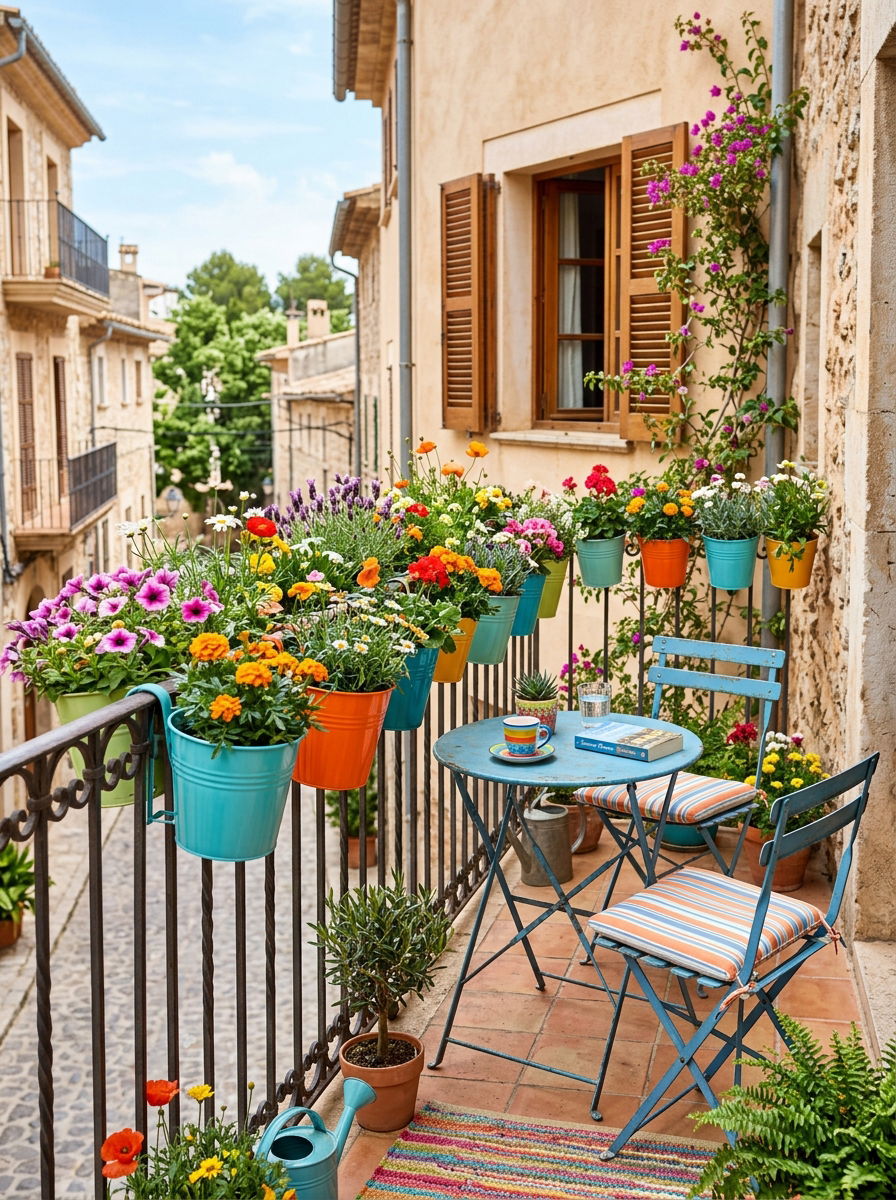 Colorful balcony flower pot - 30 railing planter ideas