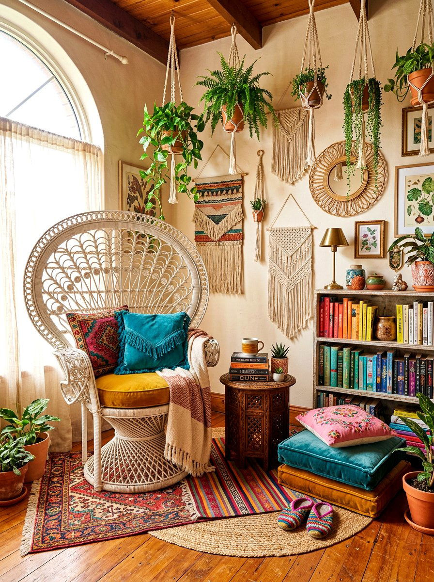 Colorful bohemian reading corner - 30 basement reading nook ideas