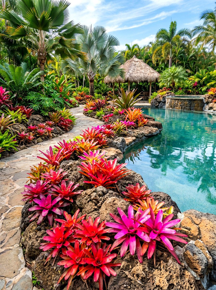 Colorful bromeliad garden - 30 tropical pool landscaping ideas