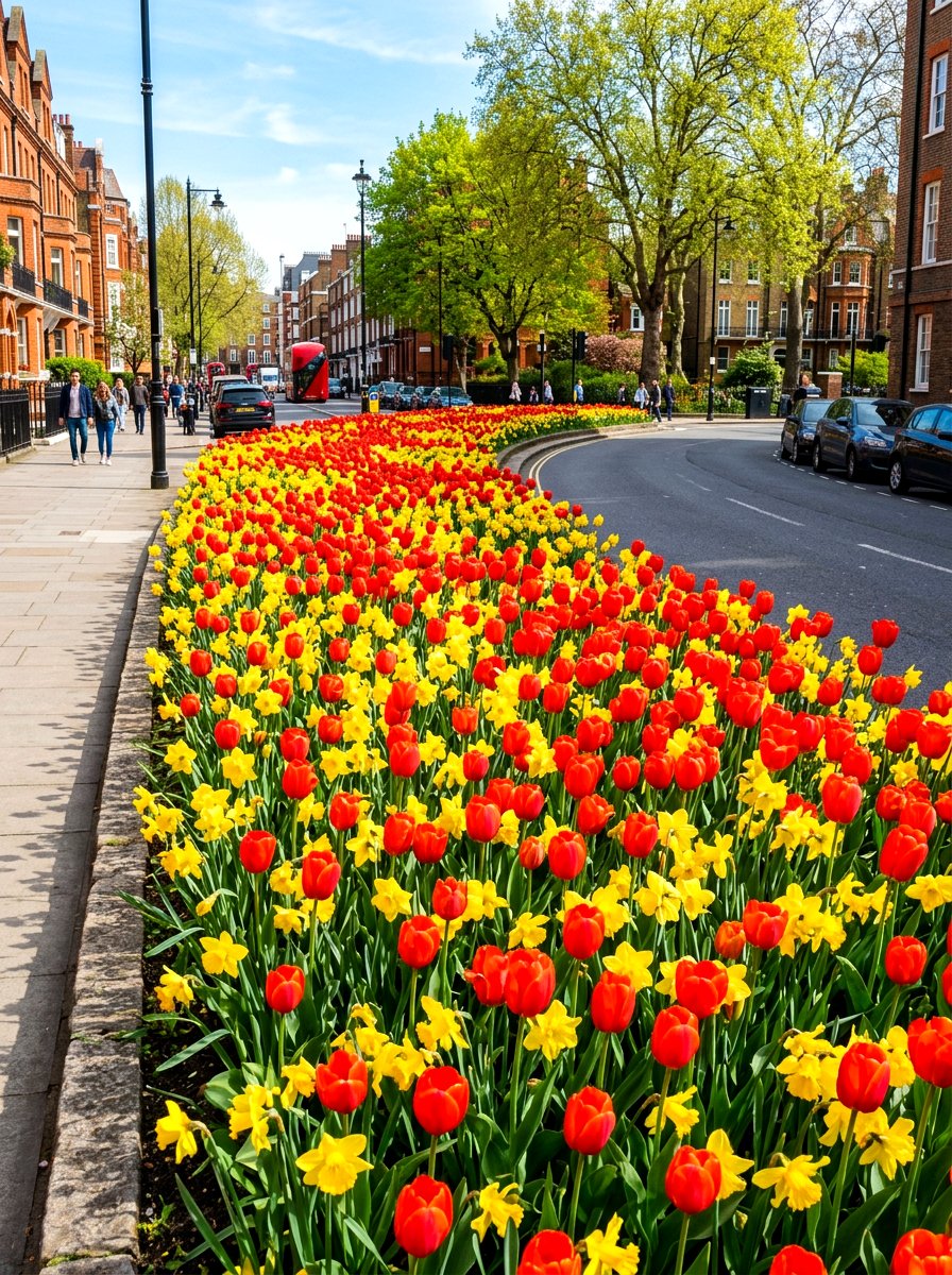 Colorful bulb curbside garden - 30 curbside planting strip ideas