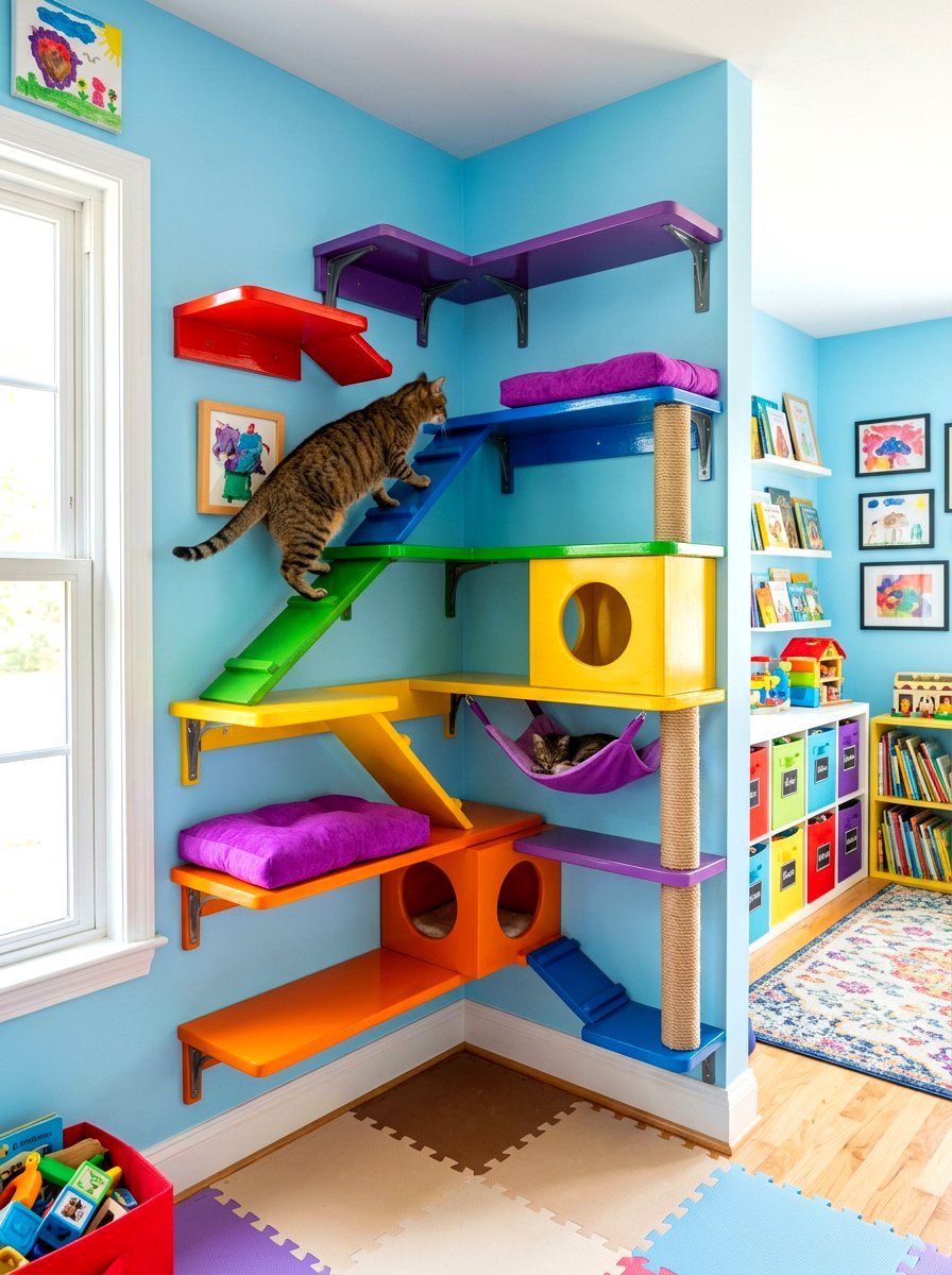 Colorful cat climbing corner - 30 cat climbing corner ideas