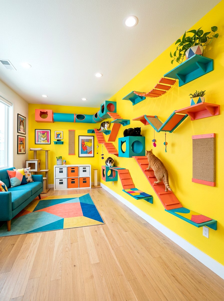 Colorful cat climbing wall - 30 cat climbing wall ideas