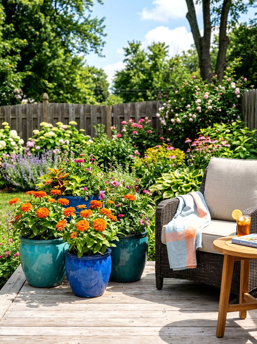 Colorful ceramic deck jars - 30 deck planter ideas