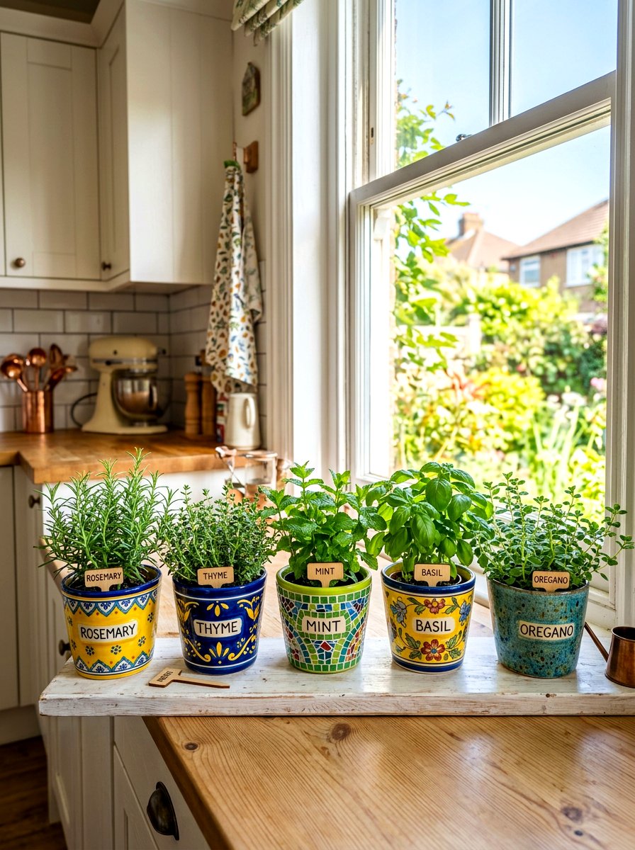 Colorful ceramic herb pots - 30 windowsill herb garden ideas