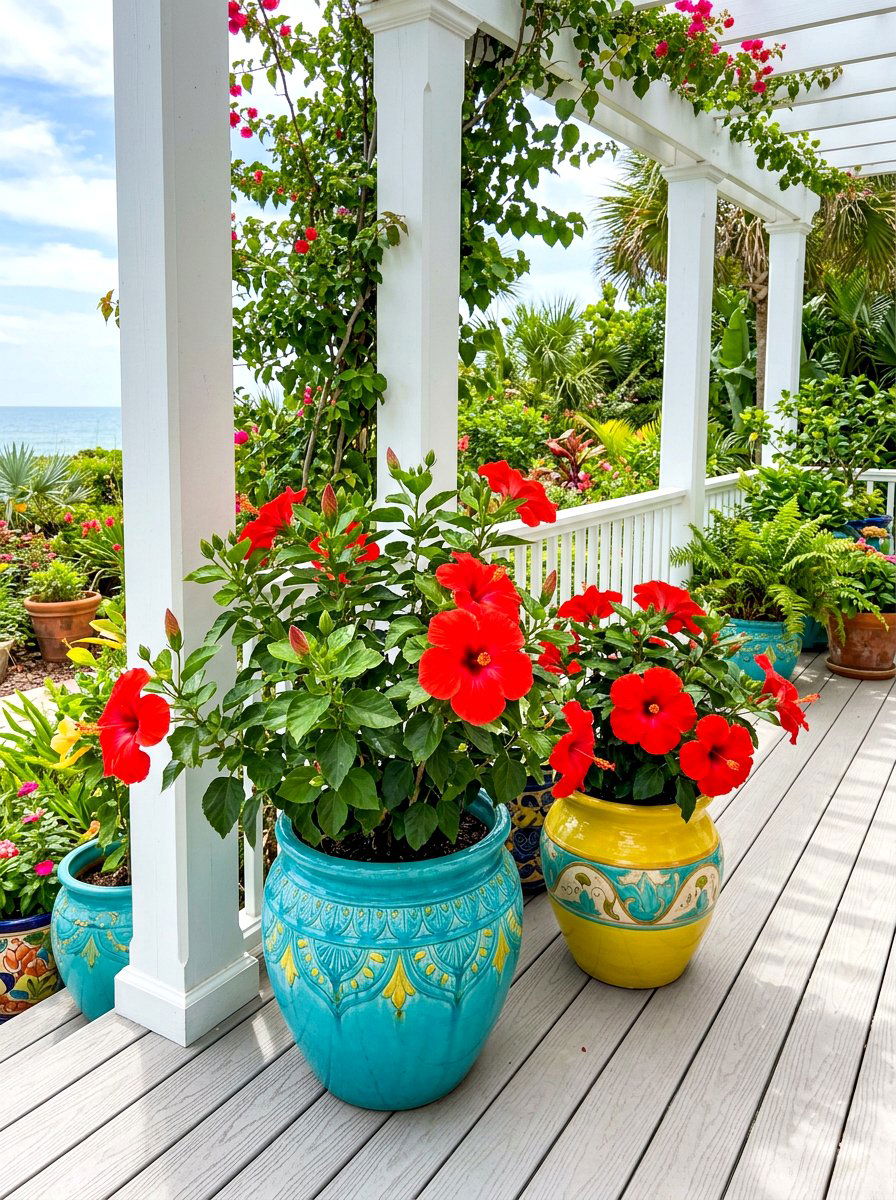Colorful ceramic pottery - 30 porch container garden ideas