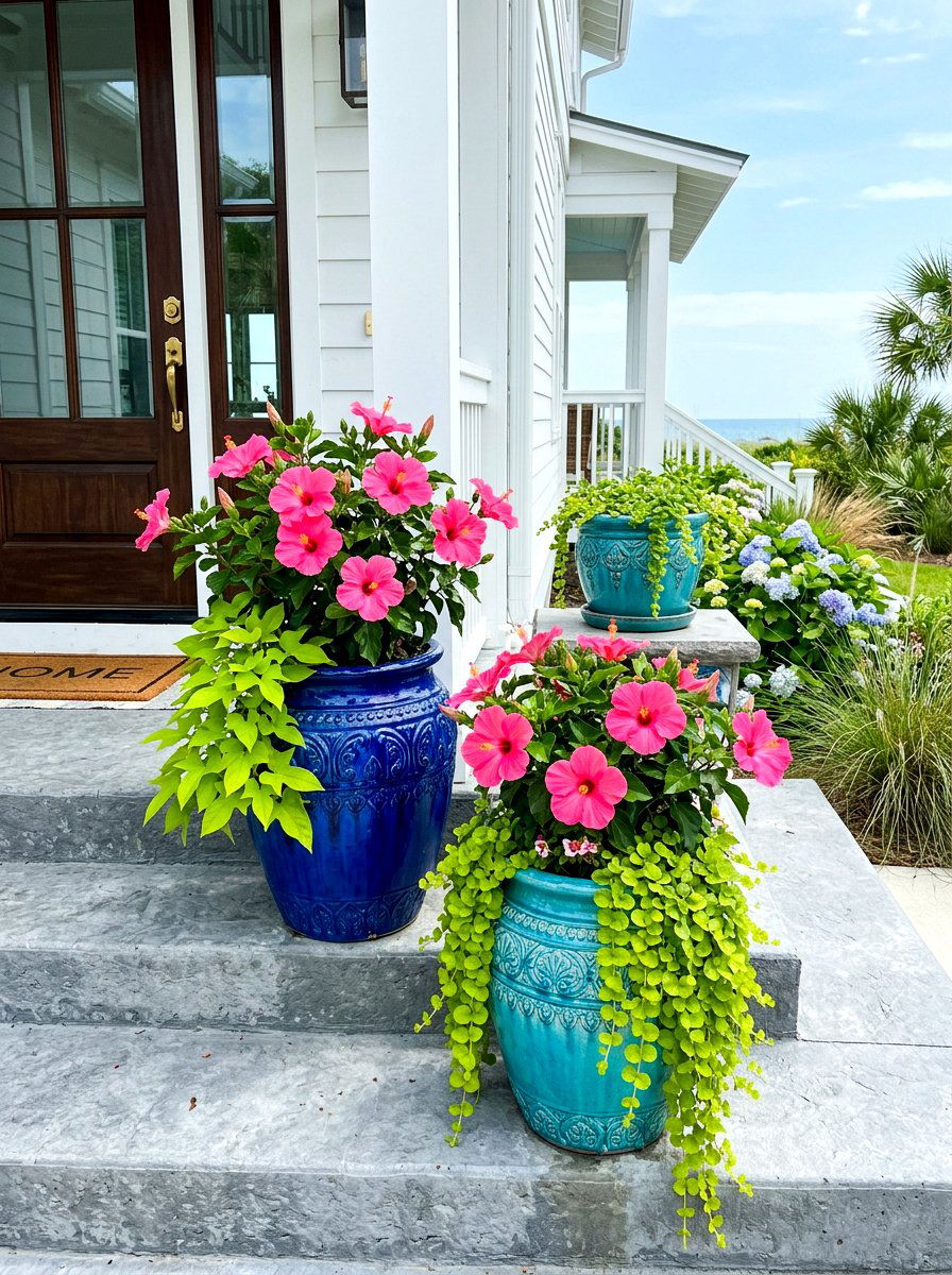 Colorful ceramic urns - 30 porch step planter ideas