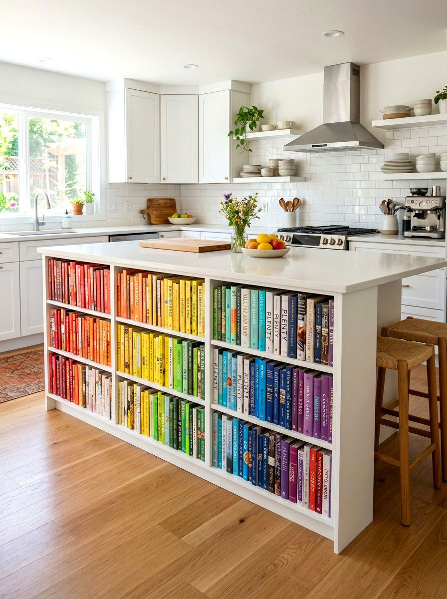 Colorful cookbook island display - 30 island bookshelf ideas