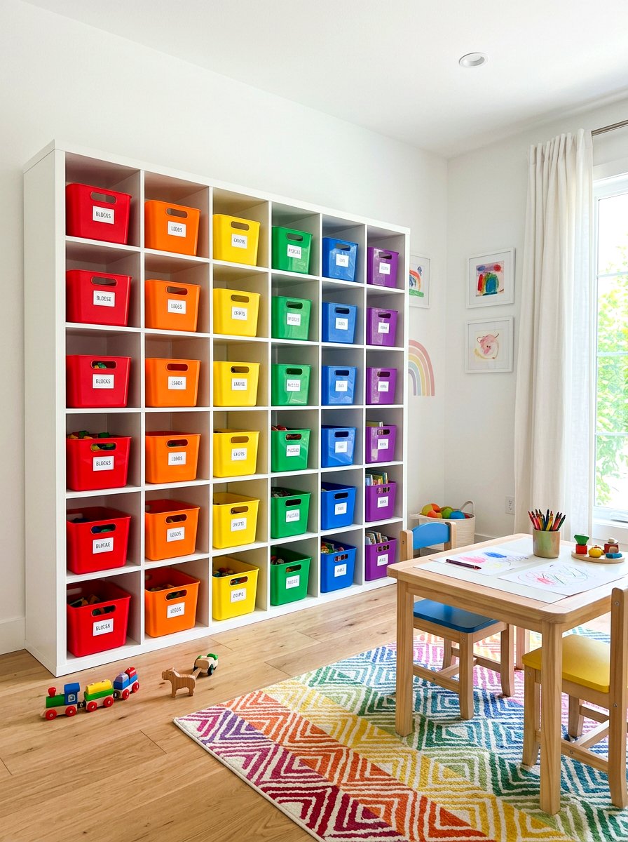 Colorful cubby storage bins - 30 kids craft room ideas