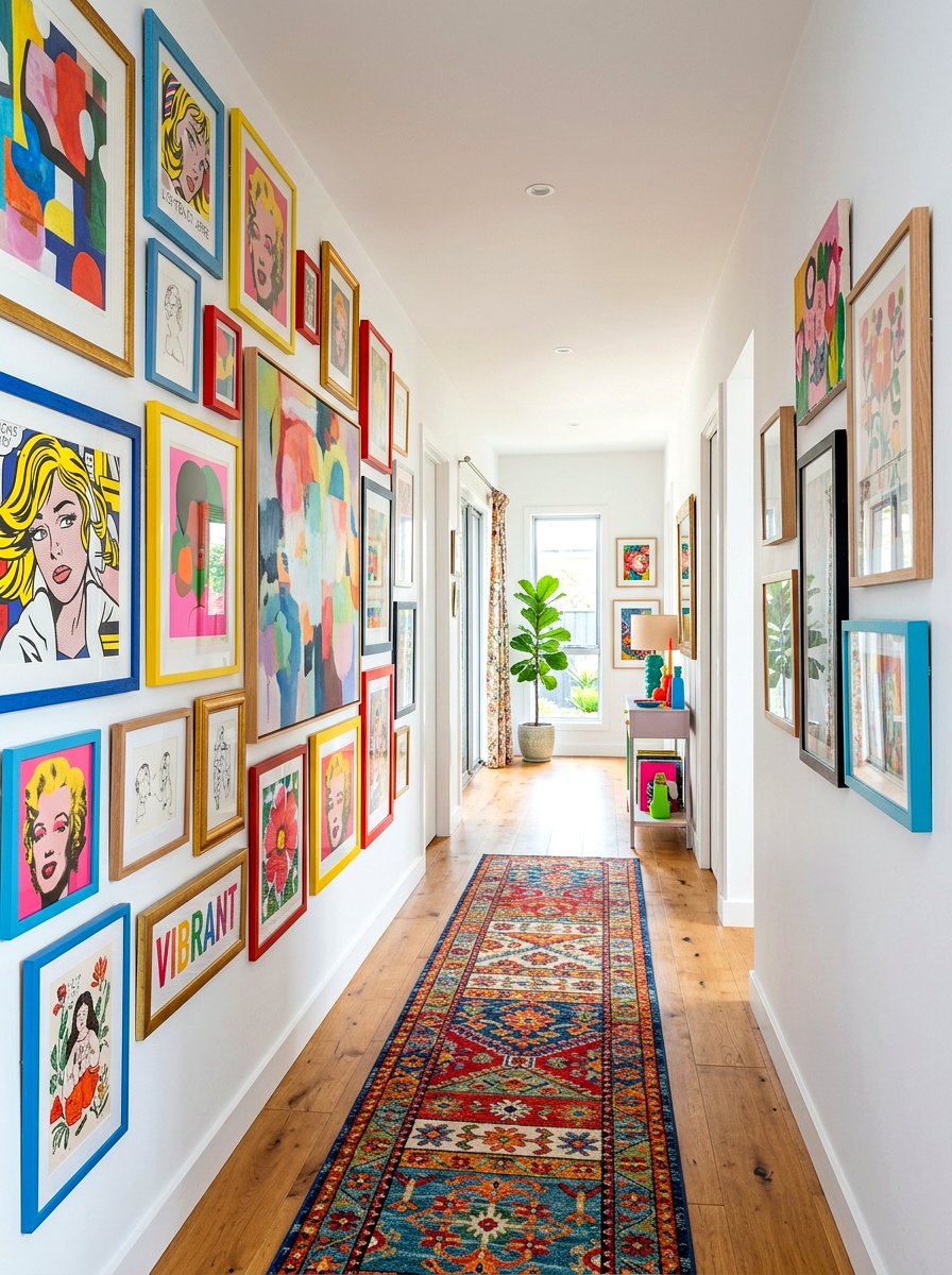 Colorful eclectic art mix - 30 hallway gallery wall ideas