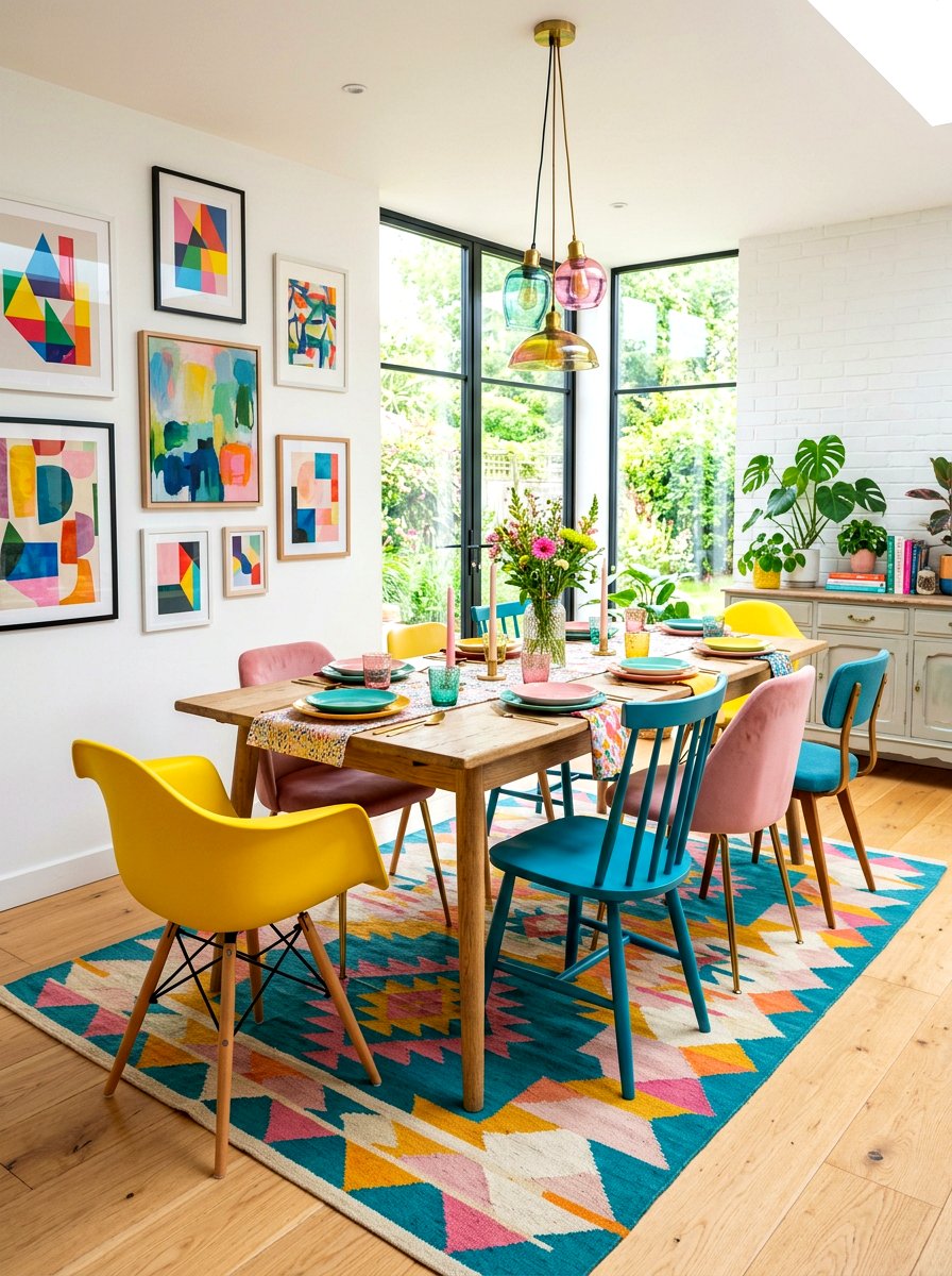 Colorful eclectic chairs - 30 mismatched dining chair ideas