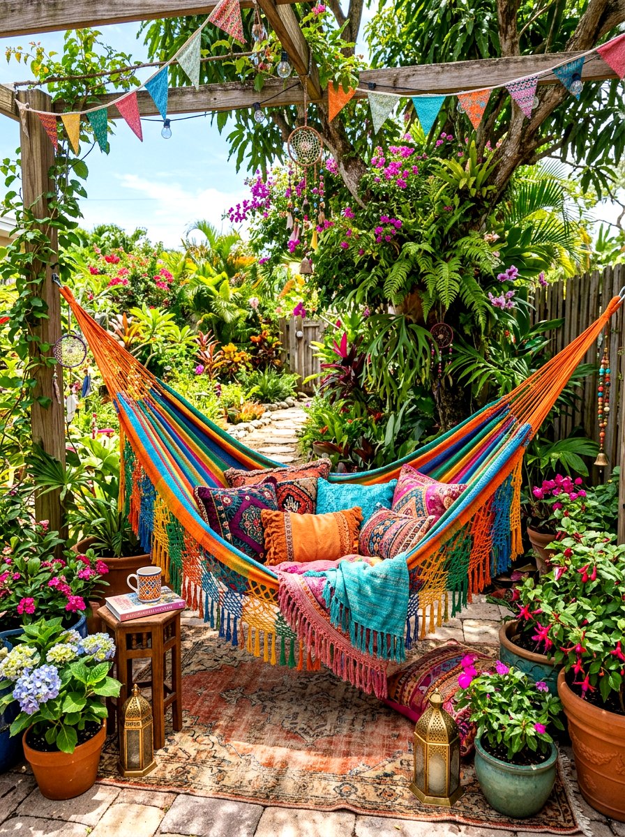 Colorful eclectic hammock nook - 30 hammock garden corner ideas