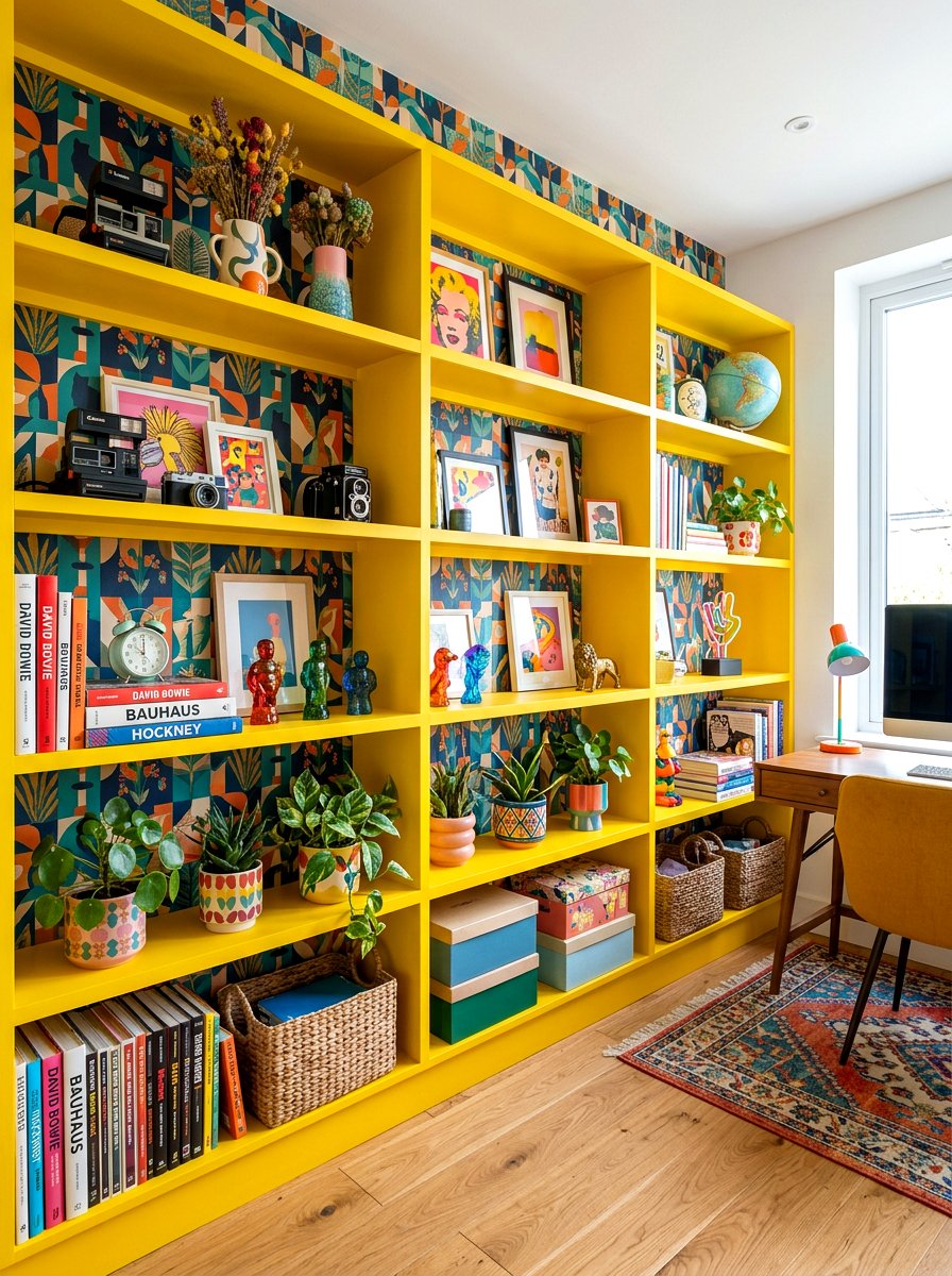 Colorful eclectic office shelves - 30 home office shelf ideas