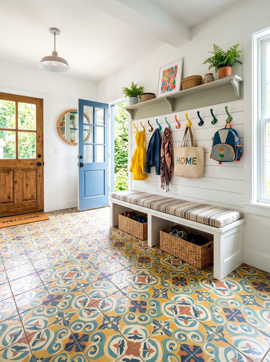 Colorful encaustic floor tile - 30 patterned mudroom tile ideas
