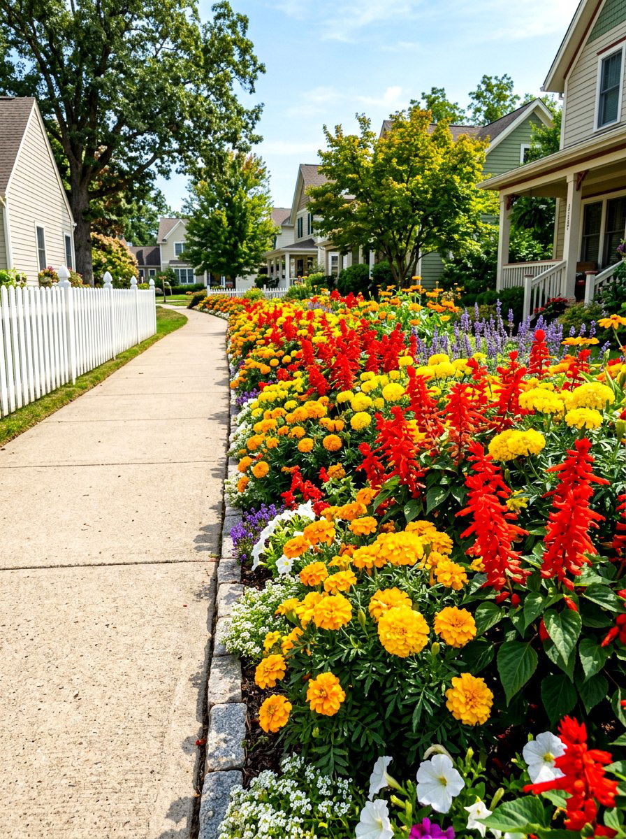 Colorful flower bed sidewalk - 30 sidewalk garden ideas
