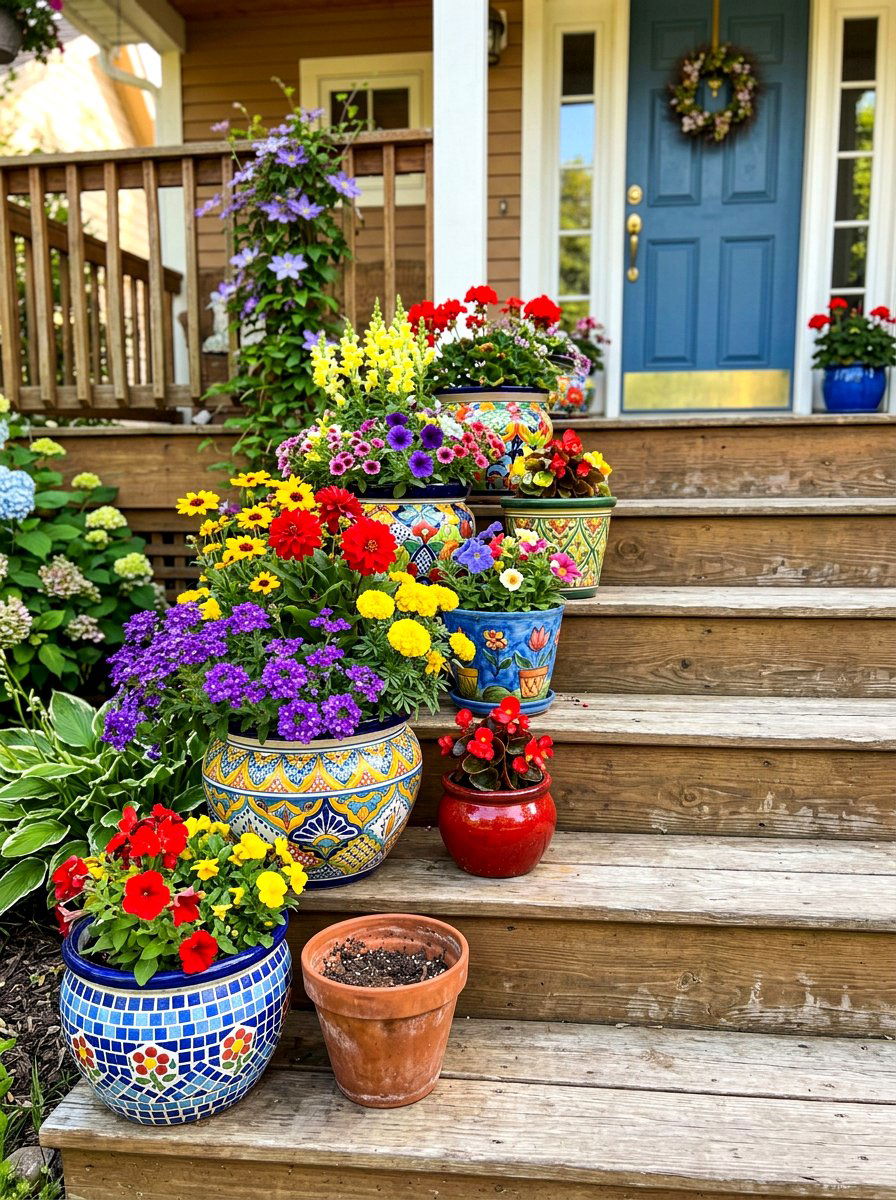 Colorful flower pots - 30 front yard planter ideas