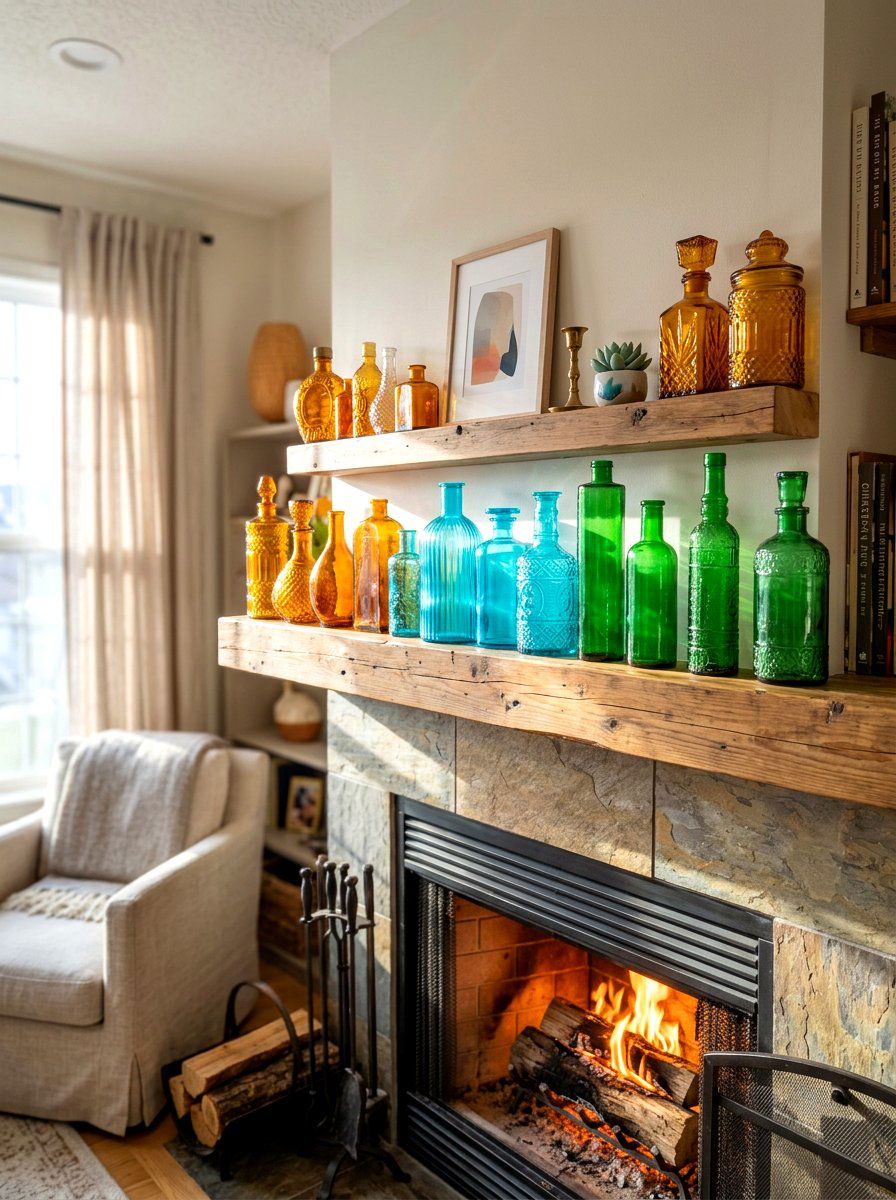 Colorful glass bottles - 30 mantel decor ideas