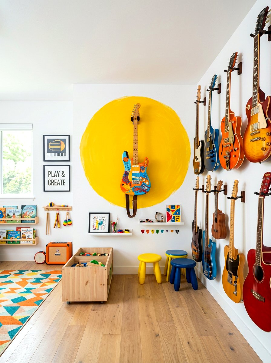 Colorful guitar wall backdrop - 30 guitar wall display ideas